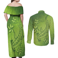 Green Gradient Polynesia Couples Matching Off Shoulder Maxi Dress and Long Sleeve Button Shirt Hawaiian Tribal Hammerhead Shark Tattoo