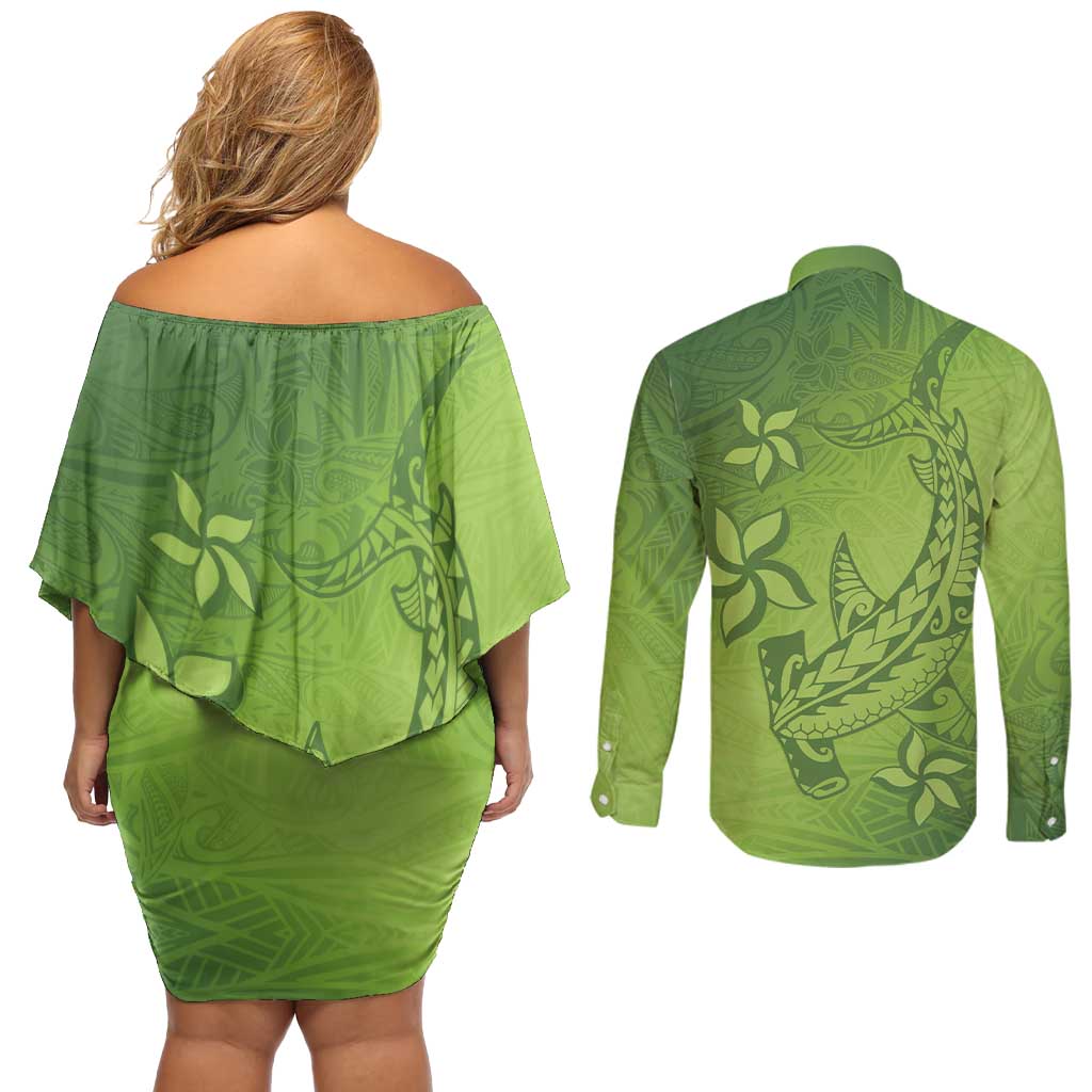 Green Gradient Polynesia Couples Matching Off Shoulder Short Dress and Long Sleeve Button Shirt Hawaiian Tribal Hammerhead Shark Tattoo