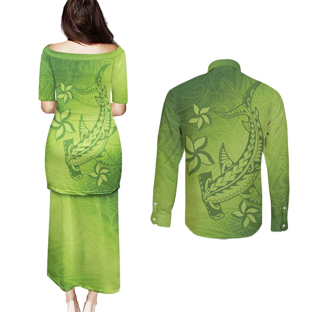 Green Gradient Polynesia Couples Matching Puletasi and Long Sleeve Button Shirt Hawaiian Tribal Hammerhead Shark Tattoo
