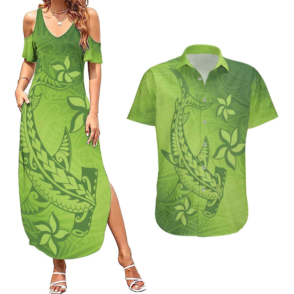 Green Gradient Polynesia Couples Matching Summer Maxi Dress and Hawaiian Shirt Hawaiian Tribal Hammerhead Shark Tattoo