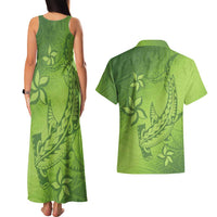 Green Gradient Polynesia Couples Matching Tank Maxi Dress and Hawaiian Shirt Hawaiian Tribal Hammerhead Shark Tattoo