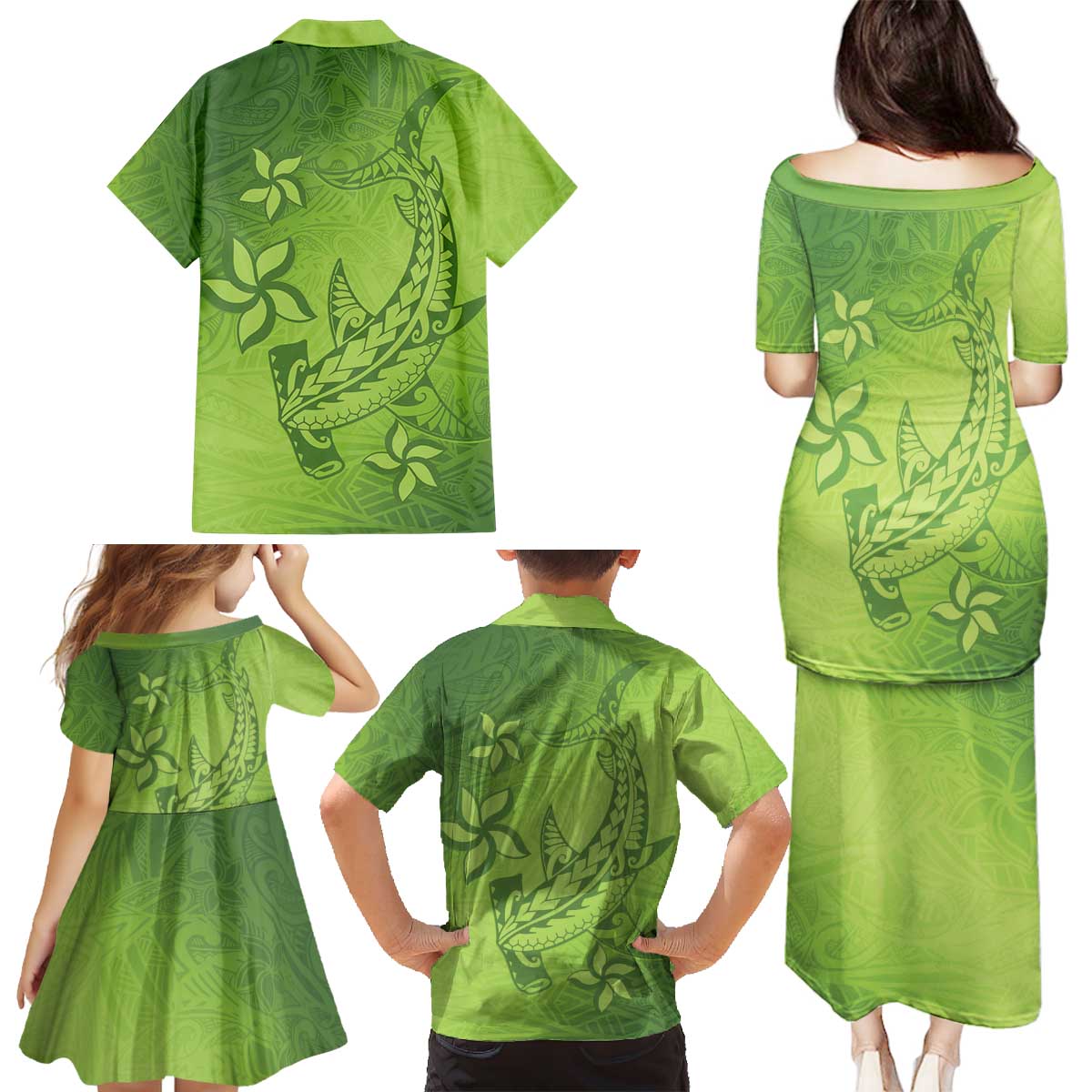 Green Gradient Polynesia Family Matching Puletasi and Hawaiian Shirt Hawaiian Tribal Hammerhead Shark Tattoo