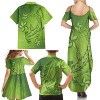 Green Gradient Polynesia Family Matching Summer Maxi Dress and Hawaiian Shirt Hawaiian Tribal Hammerhead Shark Tattoo