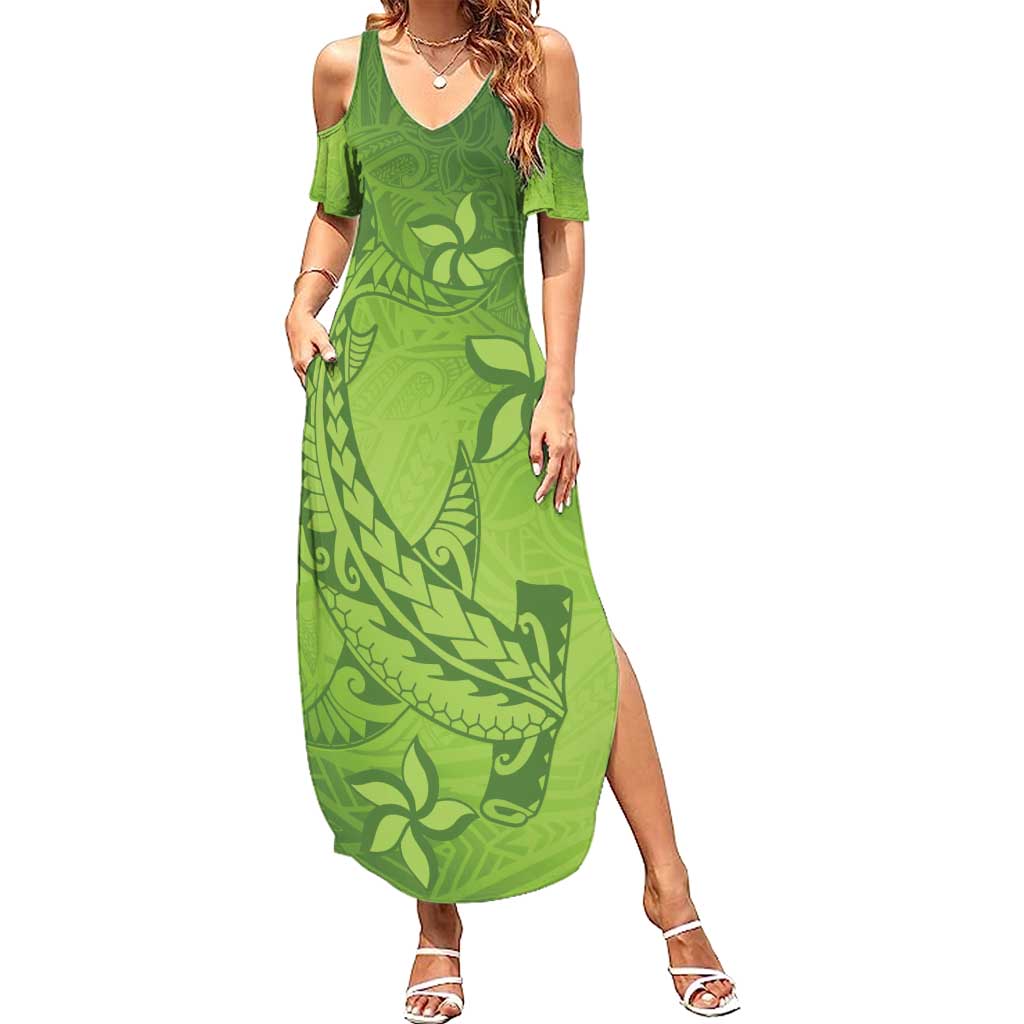 Green Gradient Polynesia Family Matching Summer Maxi Dress and Hawaiian Shirt Hawaiian Tribal Hammerhead Shark Tattoo