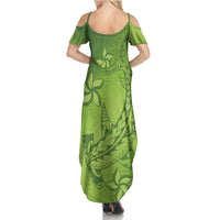 Green Gradient Polynesia Family Matching Summer Maxi Dress and Hawaiian Shirt Hawaiian Tribal Hammerhead Shark Tattoo