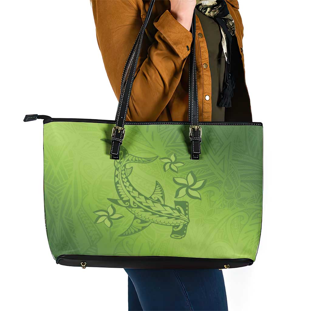 Green Gradient Polynesia Leather Tote Bag Hawaiian Tribal Hammerhead Shark Tattoo