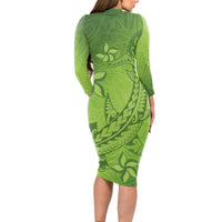 Green Gradient Polynesia Long Sleeve Bodycon Dress Hawaiian Tribal Hammerhead Shark Tattoo