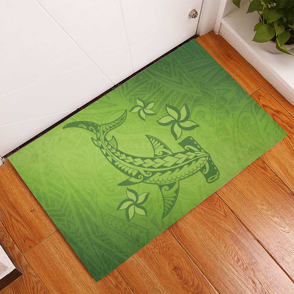 Green Gradient Polynesia Rubber Doormat Hawaiian Tribal Hammerhead Shark Tattoo