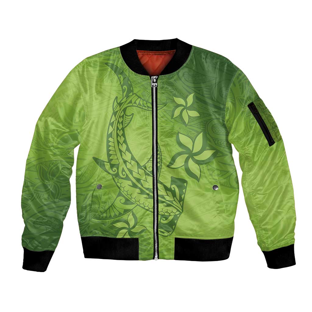 Green Gradient Polynesia Sleeve Zip Bomber Jacket Hawaiian Tribal Hammerhead Shark Tattoo