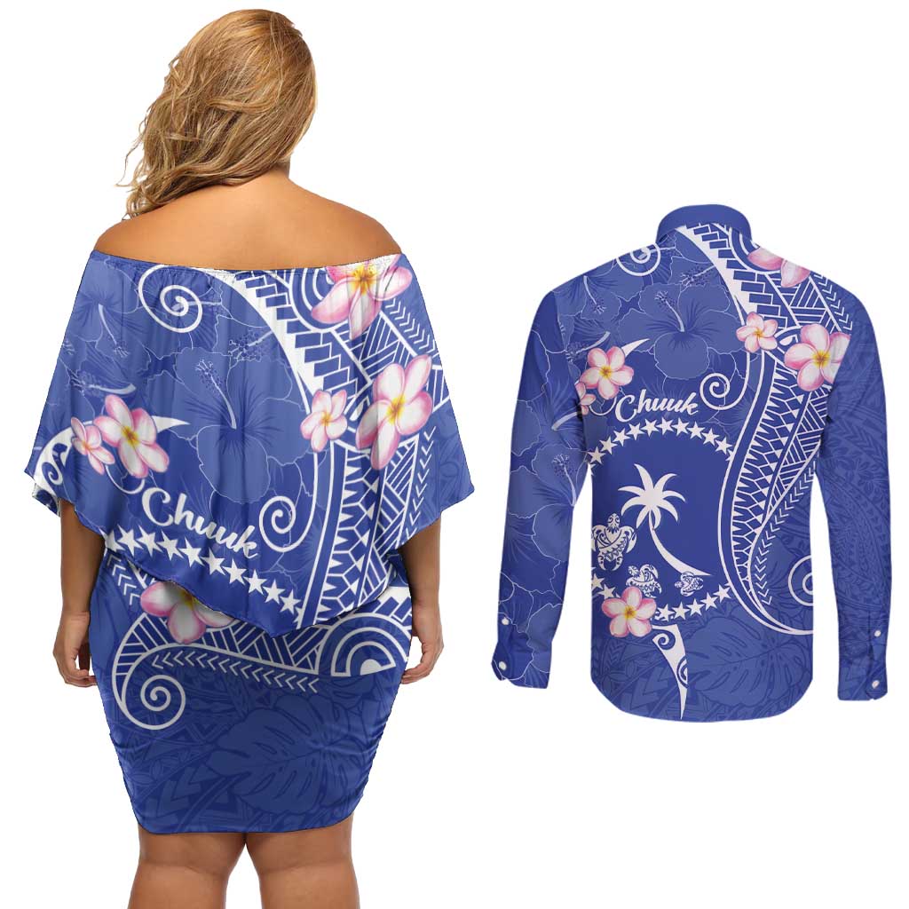 FSM Chuuk Constitution Day Couples Matching Off Shoulder Short Dress and Long Sleeve Button Shirt Frangipani Flowers Polynesian Curves Style