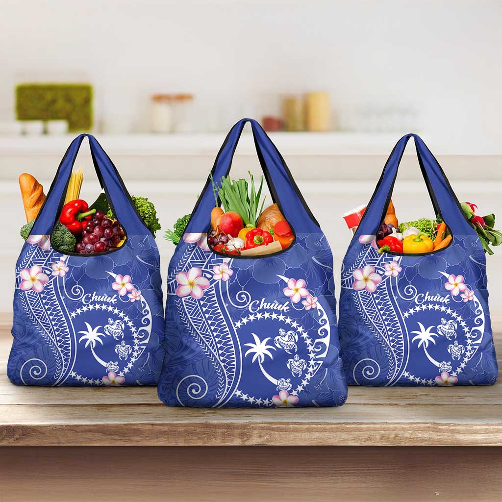 FSM Chuuk Constitution Day Grocery Bag Frangipani Flowers Polynesian Curves Style LT14 3-pack One Size Blue - Polynesian Pride