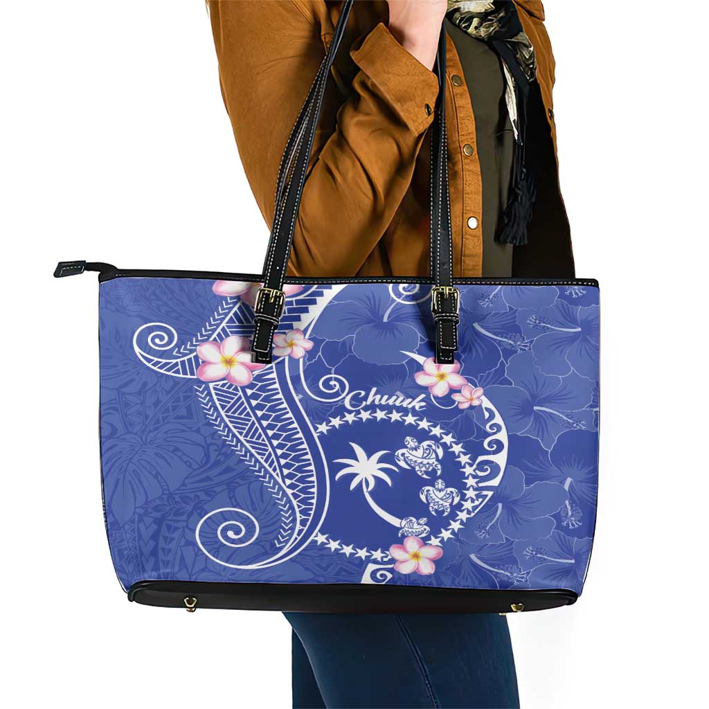 FSM Chuuk Constitution Day Leather Tote Bag Frangipani Flowers Polynesian Curves Style