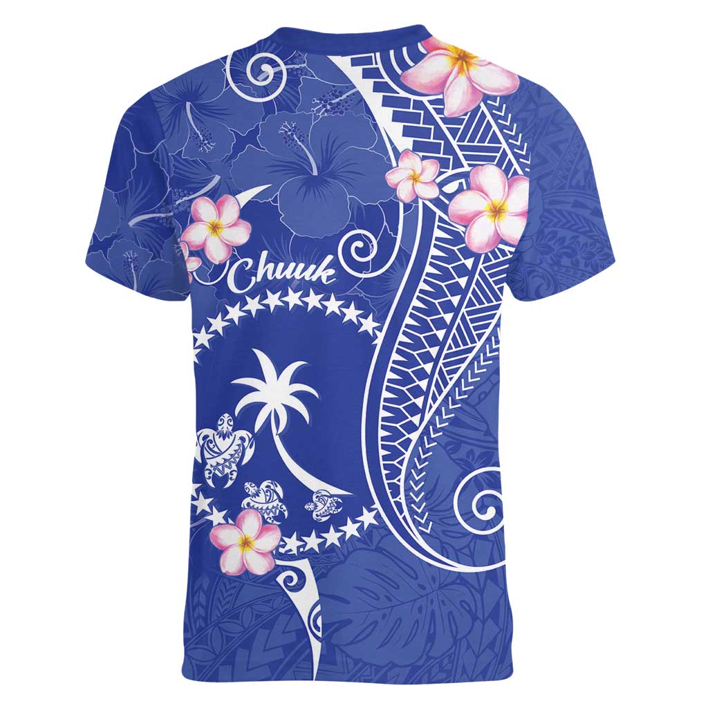FSM Chuuk Constitution Day Women V-Neck T-Shirt Frangipani Flowers Polynesian Curves Style