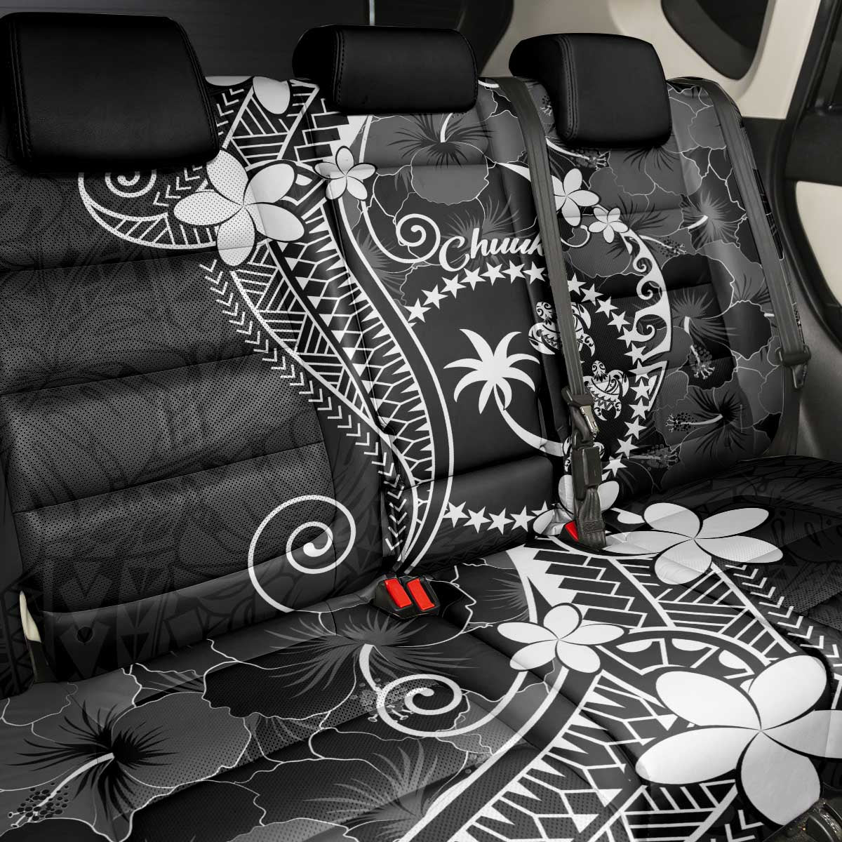 FSM Chuuk Back Car Seat Cover Turtle Tropical Flowers Polynesian - Black
