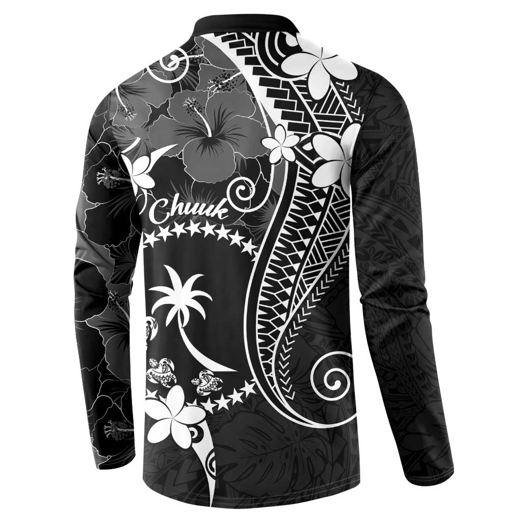 FSM Chuuk Button Sweatshirt Turtle Tropical Flowers Polynesian - Black
