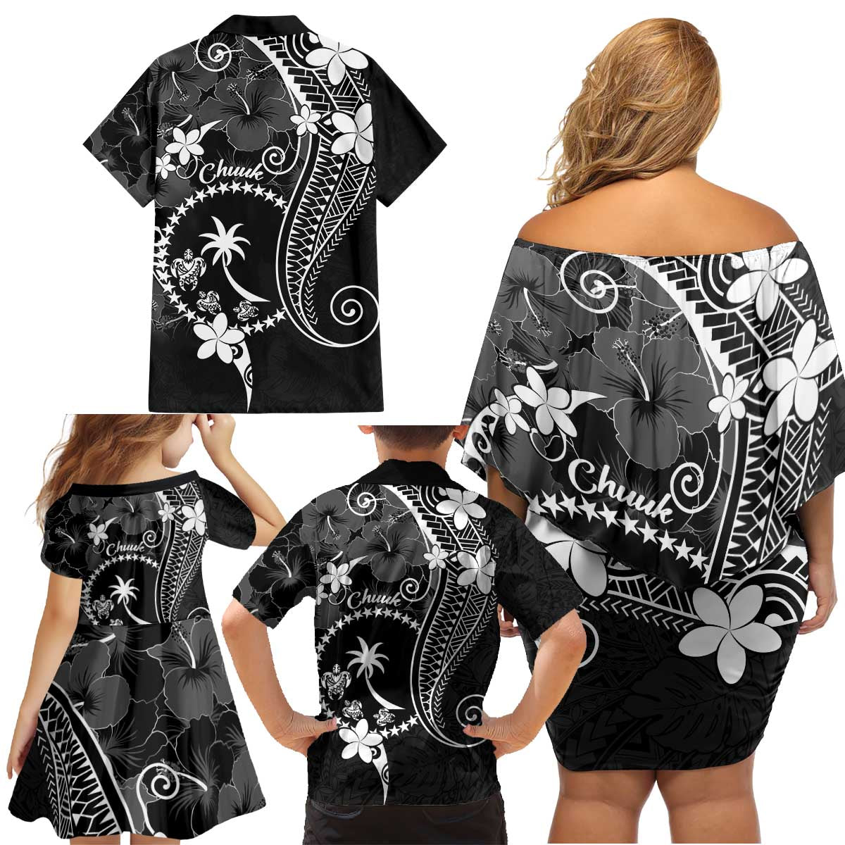 FSM Chuuk Family Matching Off Shoulder Short Dress and Hawaiian Shirt Turtle Tropical Flowers Polynesian - Black