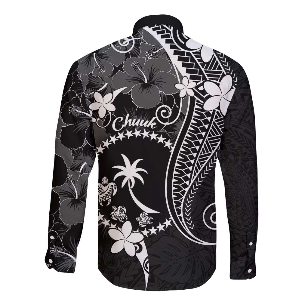 FSM Chuuk Long Sleeve Button Shirt Turtle Tropical Flowers Polynesian - Black