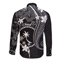 FSM Chuuk Long Sleeve Button Shirt Turtle Tropical Flowers Polynesian - Black
