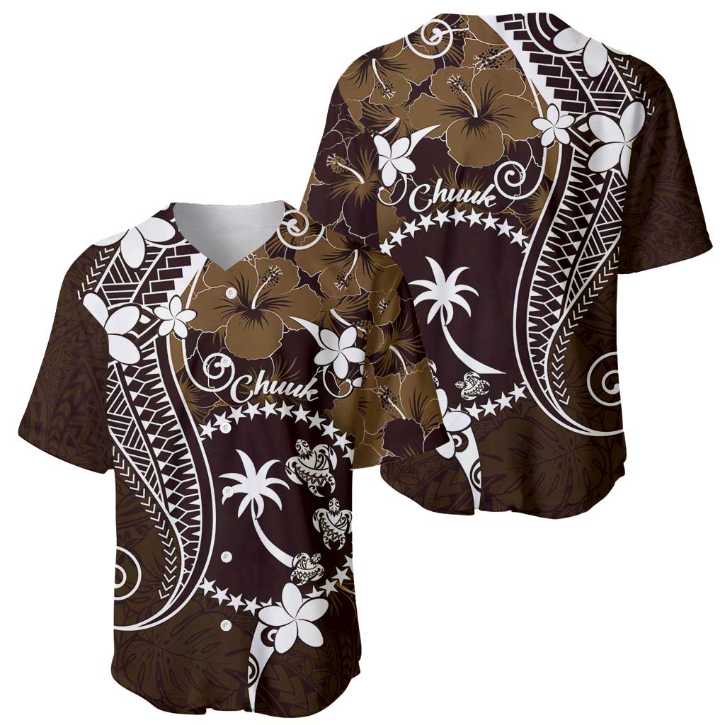 FSM Chuuk Baseball Jersey Turtle Tropical Flowers Polynesian - Brown