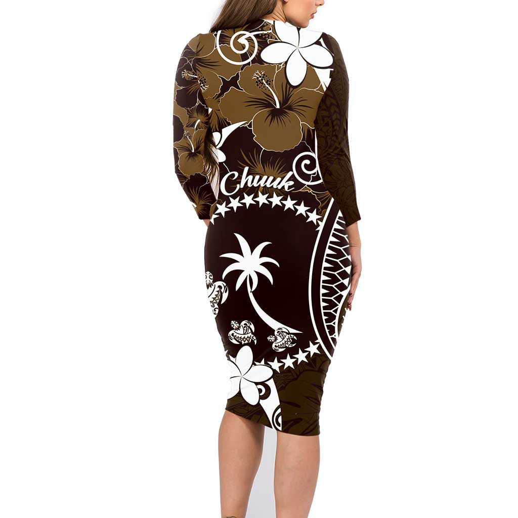 FSM Chuuk Family Matching Long Sleeve Bodycon Dress and Hawaiian Shirt Turtle Tropical Flowers Polynesian - Brown
