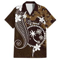 FSM Chuuk Family Matching Off The Shoulder Long Sleeve Dress and Hawaiian Shirt Turtle Tropical Flowers Polynesian - Brown