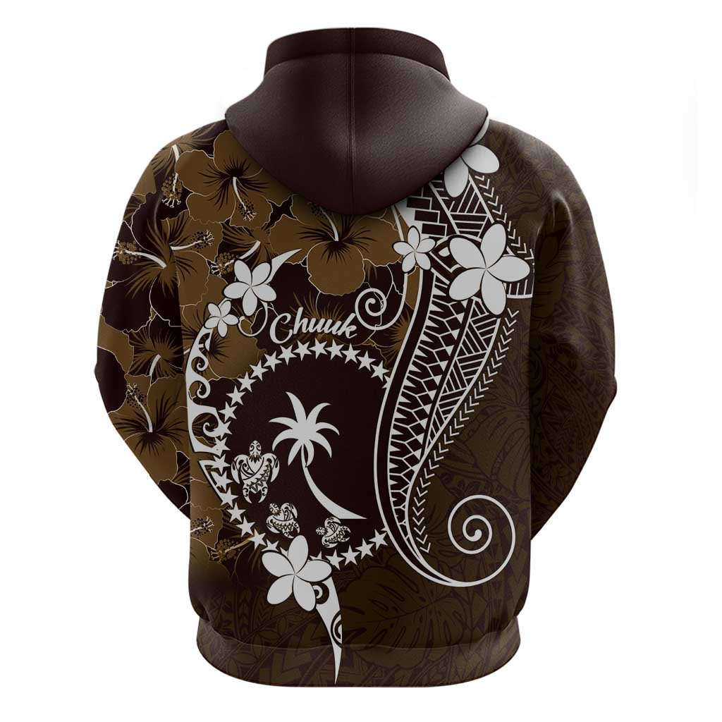 FSM Chuuk Zip Hoodie Turtle Tropical Flowers Polynesian - Brown
