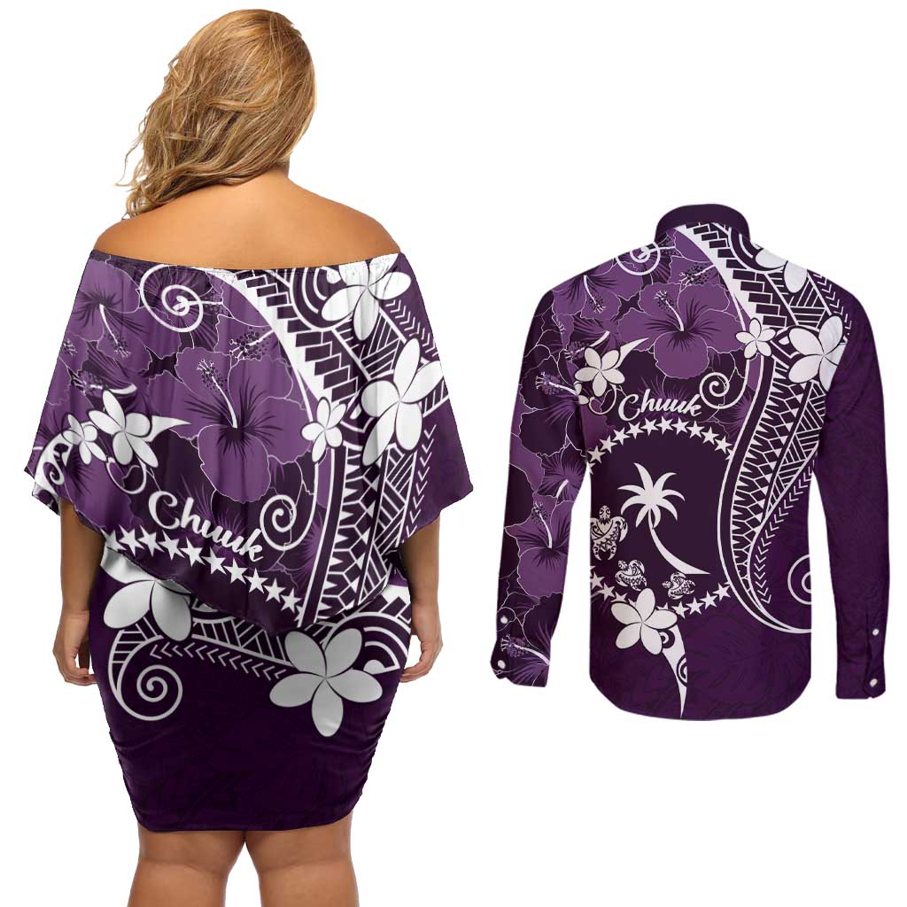 FSM Chuuk Couples Matching Off Shoulder Short Dress and Long Sleeve Button Shirt Turtle Tropical Flowers Polynesian - Purple