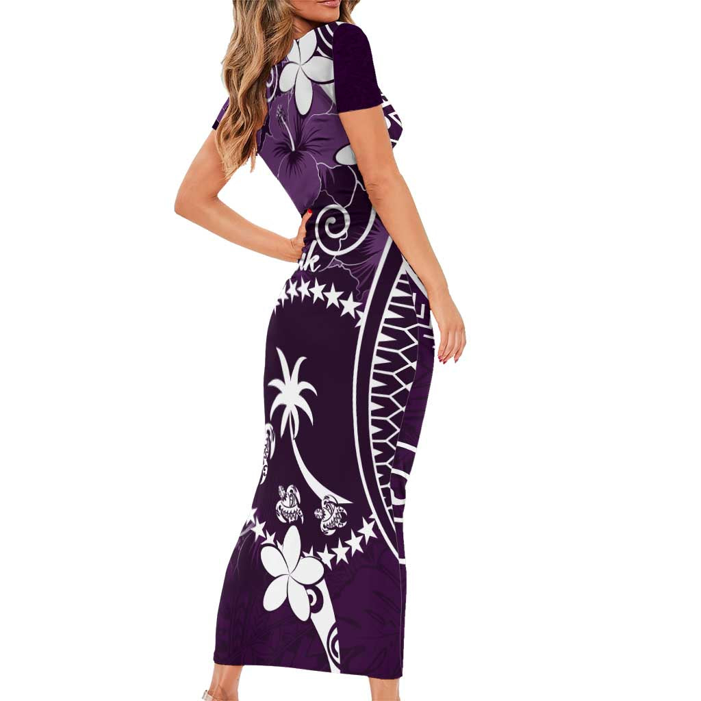 FSM Chuuk Family Matching Short Sleeve Bodycon Dress and Hawaiian Shirt Turtle Tropical Flowers Polynesian - Purple