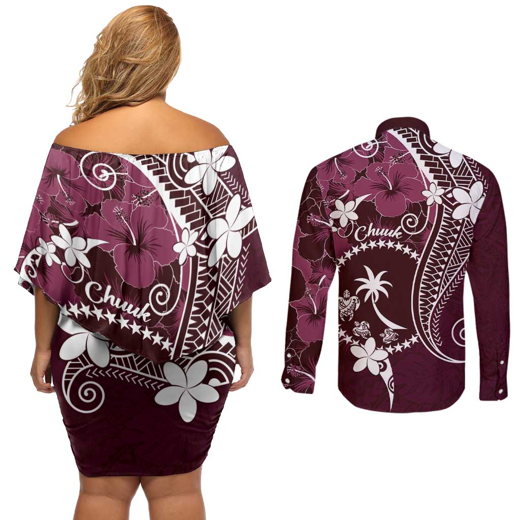 FSM Chuuk Couples Matching Off Shoulder Short Dress and Long Sleeve Button Shirt Turtle Tropical Flowers Polynesian - Pink