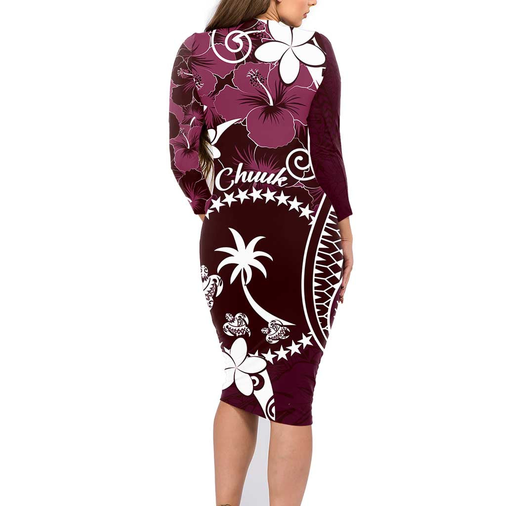 FSM Chuuk Family Matching Long Sleeve Bodycon Dress and Hawaiian Shirt Turtle Tropical Flowers Polynesian - Pink