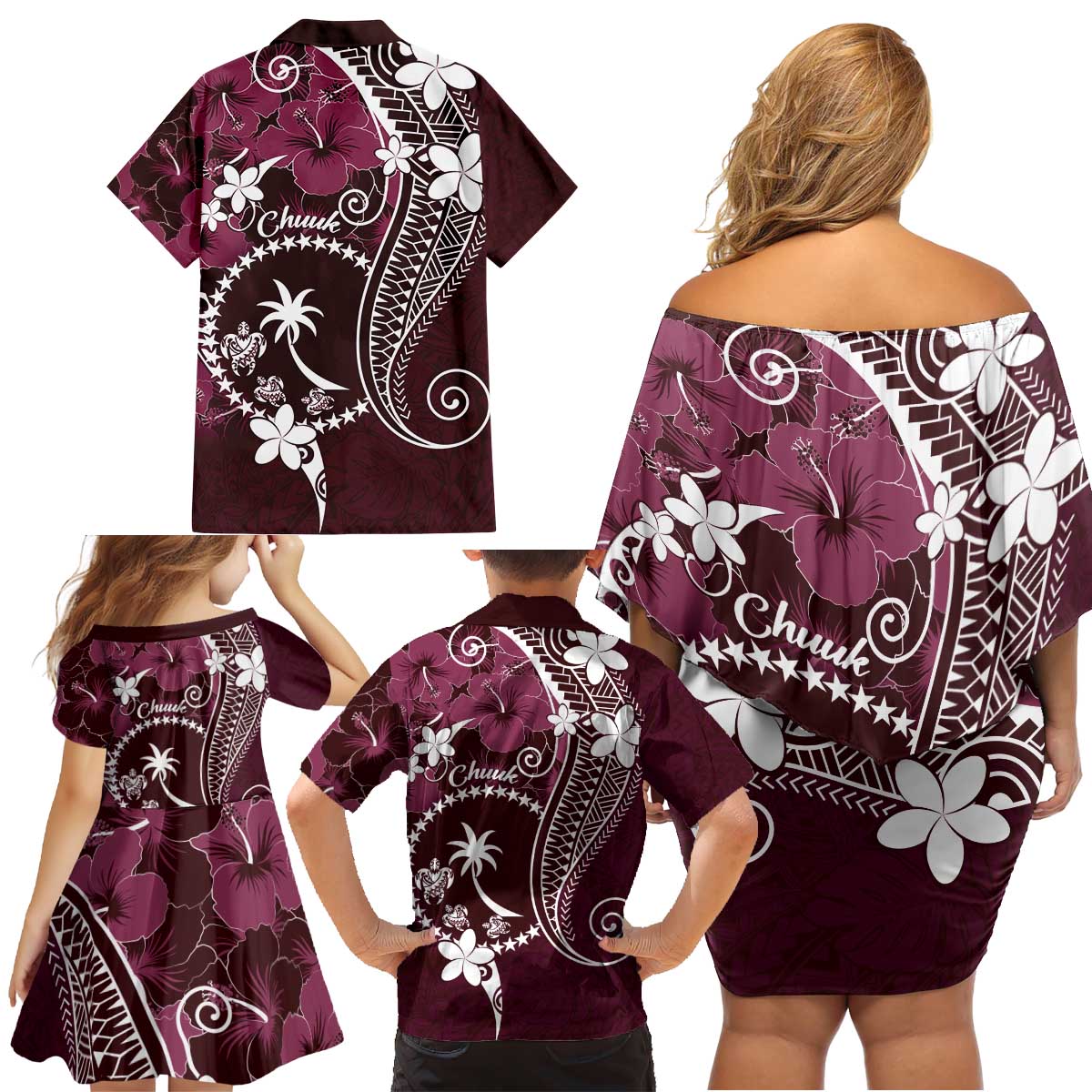 FSM Chuuk Family Matching Off Shoulder Short Dress and Hawaiian Shirt Turtle Tropical Flowers Polynesian - Pink