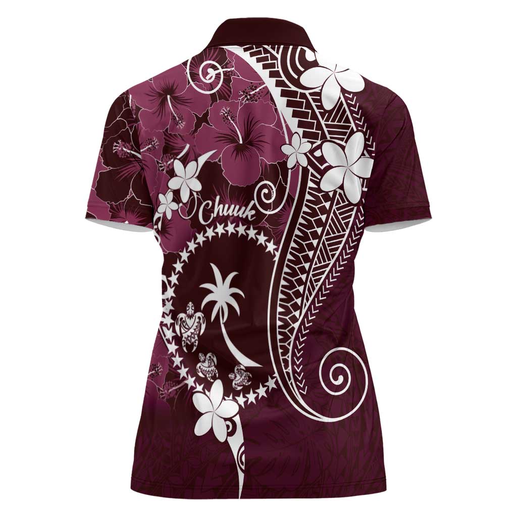 FSM Chuuk Women Polo Shirt Turtle Tropical Flowers Polynesian - Pink