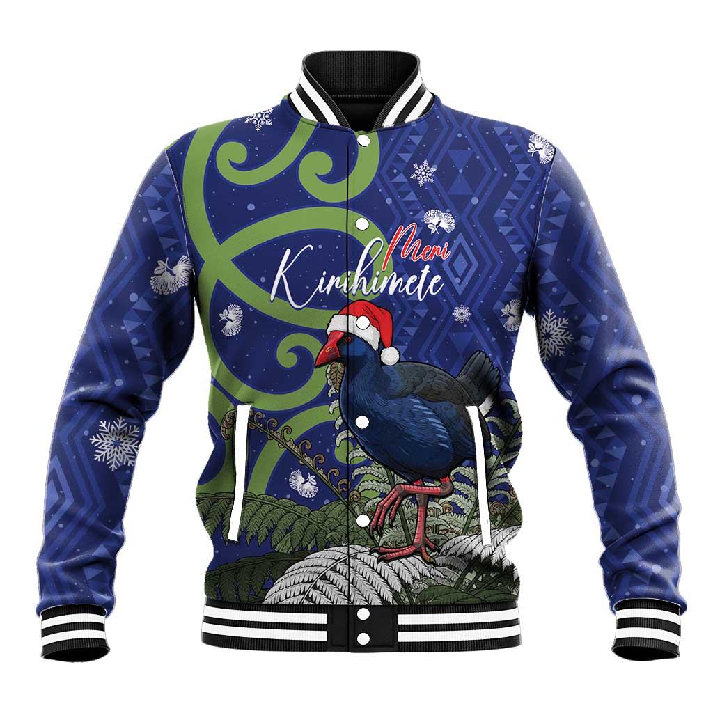Personalized New Zealand Pukeko Christmas Baseball Jacket Meri Kirihimete Taniko Ponga Koru Blue - Polynesian Pride