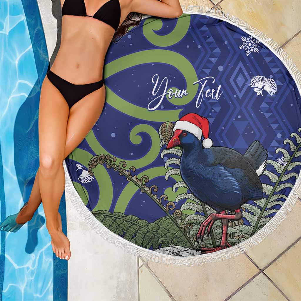 Personalized New Zealand Pukeko Christmas Beach Blanket Meri Kirihimete Taniko Ponga Koru Blue - Polynesian Pride