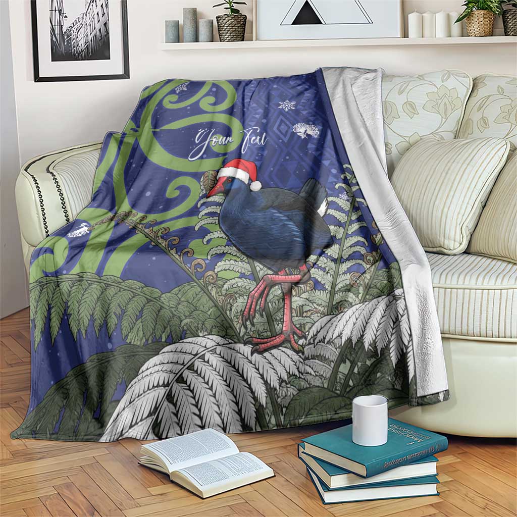 Personalized New Zealand Pukeko Christmas Blanket Meri Kirihimete Taniko Ponga Koru Blue - Polynesian Pride