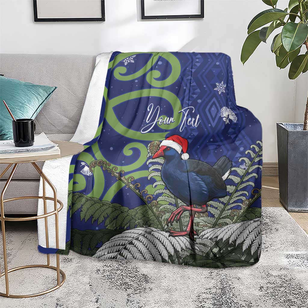 Personalized New Zealand Pukeko Christmas Blanket Meri Kirihimete Taniko Ponga Koru Blue - Polynesian Pride