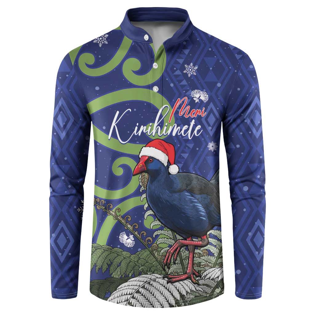 Personalized New Zealand Pukeko Christmas Button Sweatshirt Meri Kirihimete Taniko Ponga Koru Blue - Polynesian Pride