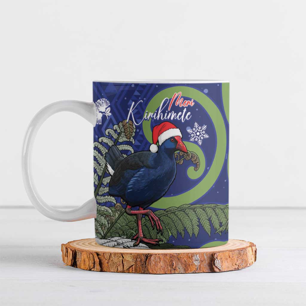 Personalized New Zealand Pukeko Christmas Ceramic Mug Meri Kirihimete Taniko Ponga Koru Blue - Polynesian Pride