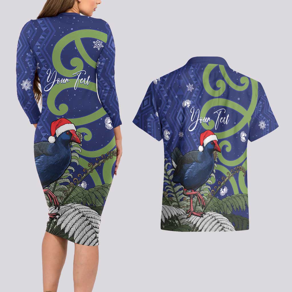Personalized New Zealand Pukeko Christmas Couples Matching Long Sleeve Bodycon Dress and Hawaiian Shirt Meri Kirihimete Taniko Ponga Koru Blue - Polynesian Pride
