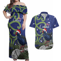 Personalized New Zealand Pukeko Christmas Couples Matching Off Shoulder Maxi Dress and Hawaiian Shirt Meri Kirihimete Taniko Ponga Koru Blue - Polynesian Pride
