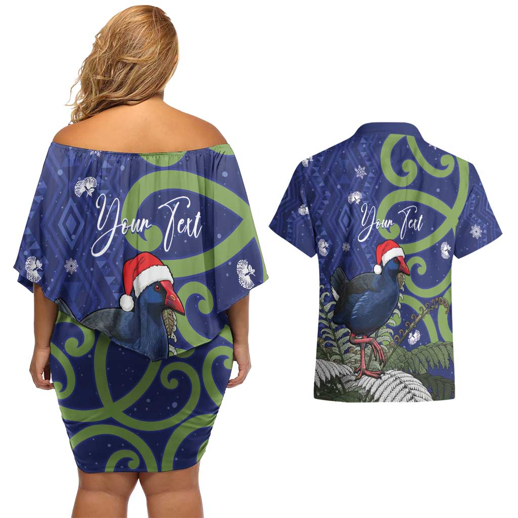 Personalized New Zealand Pukeko Christmas Couples Matching Off Shoulder Short Dress and Hawaiian Shirt Meri Kirihimete Taniko Ponga Koru Blue - Polynesian Pride