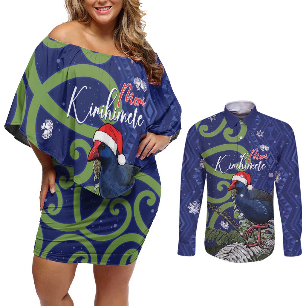 Personalized New Zealand Pukeko Christmas Couples Matching Off Shoulder Short Dress and Long Sleeve Button Shirt Meri Kirihimete Taniko Ponga Koru Blue - Polynesian Pride