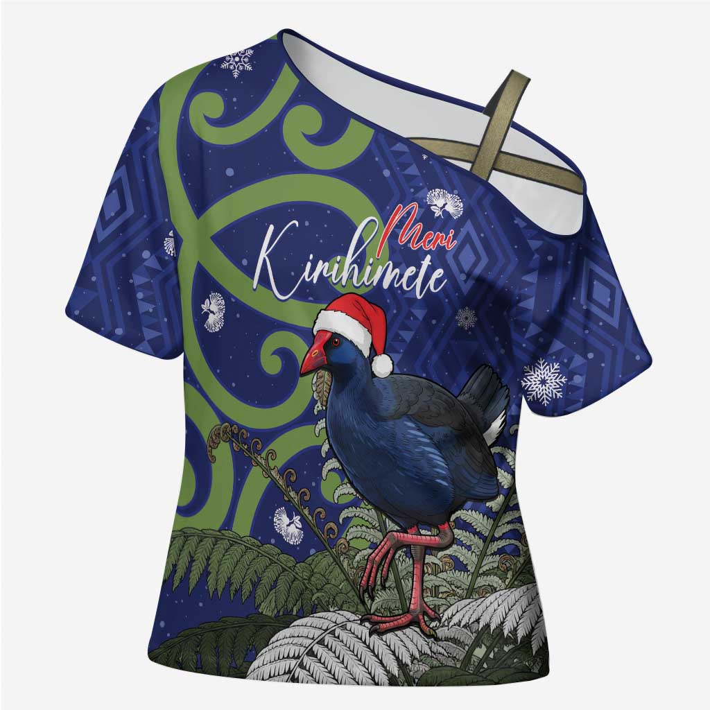 Personalized New Zealand Pukeko Christmas Cross Shoulder Shirt Meri Kirihimete Taniko Ponga Koru Blue - Polynesian Pride