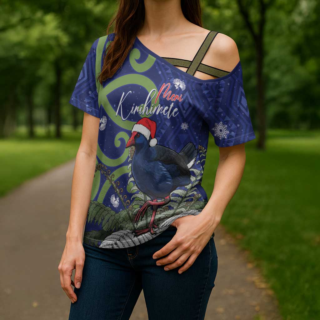 Personalized New Zealand Pukeko Christmas Cross Shoulder Shirt Meri Kirihimete Taniko Ponga Koru Blue - Polynesian Pride