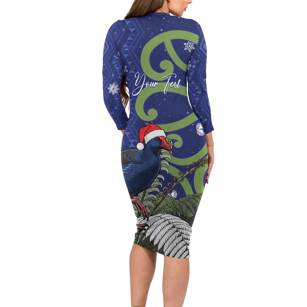 Personalized New Zealand Pukeko Christmas Family Matching Long Sleeve Bodycon Dress and Hawaiian Shirt Meri Kirihimete Taniko Ponga Koru Blue - Polynesian Pride