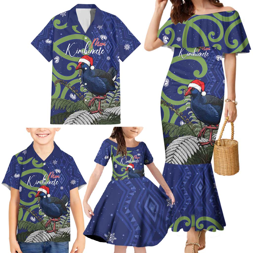 Personalized New Zealand Pukeko Christmas Family Matching Mermaid Dress and Hawaiian Shirt Meri Kirihimete Taniko Ponga Koru Blue - Polynesian Pride