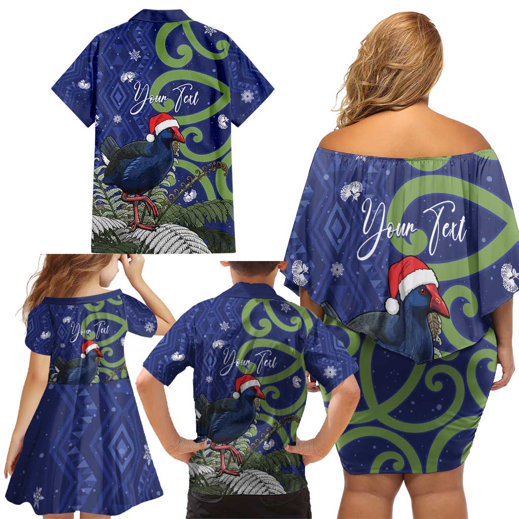 Personalized New Zealand Pukeko Christmas Family Matching Off Shoulder Short Dress and Hawaiian Shirt Meri Kirihimete Taniko Ponga Koru Blue - Polynesian Pride
