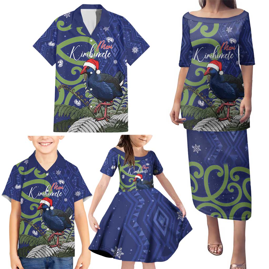 Personalized New Zealand Pukeko Christmas Family Matching Puletasi and Hawaiian Shirt Meri Kirihimete Taniko Ponga Koru Blue - Polynesian Pride
