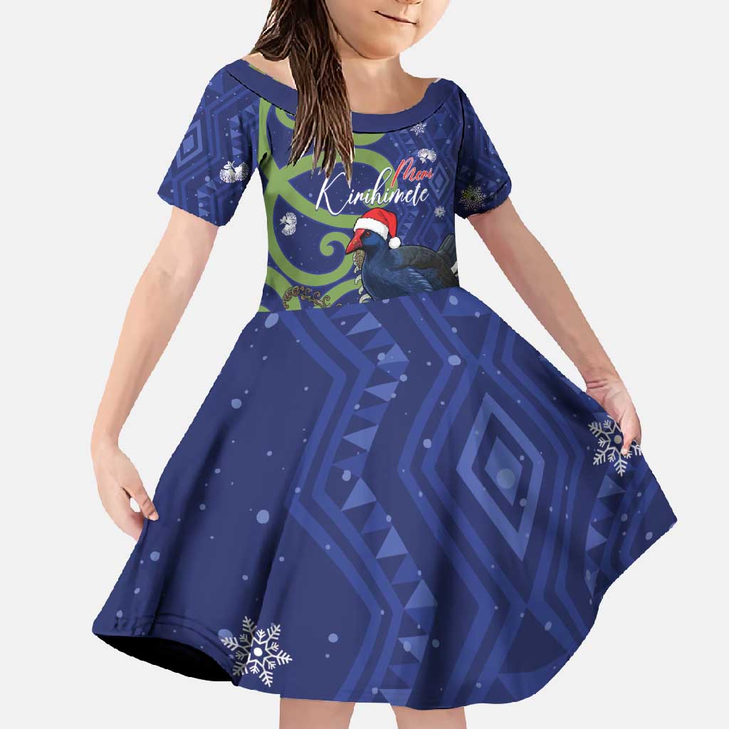 Personalized New Zealand Pukeko Christmas Family Matching Short Sleeve Bodycon Dress and Hawaiian Shirt Meri Kirihimete Taniko Ponga Koru Blue - Polynesian Pride
