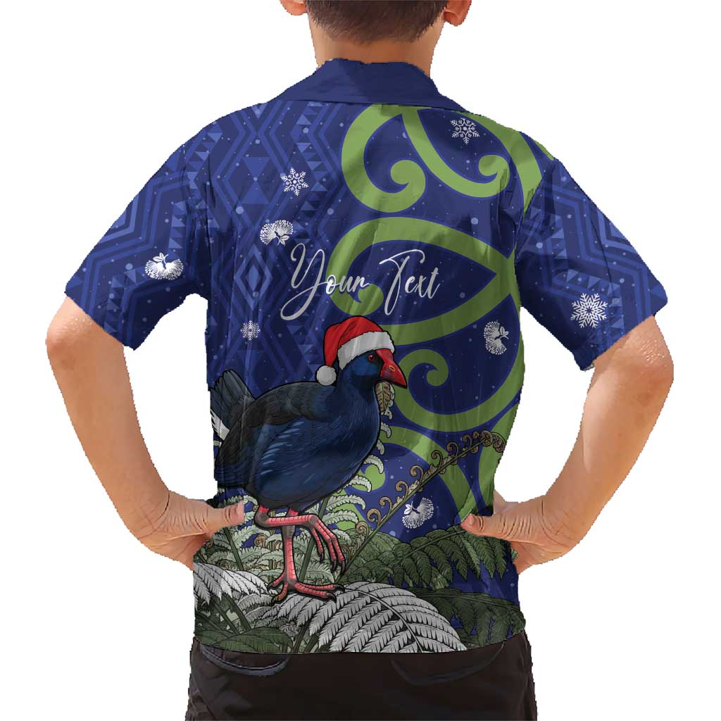 Personalized New Zealand Pukeko Christmas Kid Hawaiian Shirt Meri Kirihimete Taniko Ponga Koru Blue - Polynesian Pride